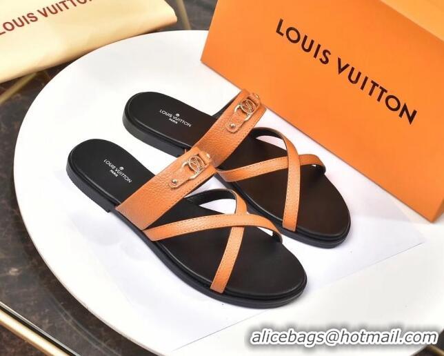 Good Product Louis Vuitton Calfskin Cross Strap Flat Slide Sandals 330111 Orange