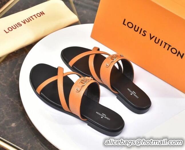 Good Product Louis Vuitton Calfskin Cross Strap Flat Slide Sandals 330111 Orange