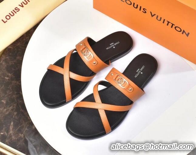 Good Product Louis Vuitton Calfskin Cross Strap Flat Slide Sandals 330111 Orange