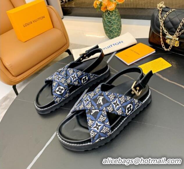 Best Price Louis Vuitton Since 1854 Paseo Flat Comfort Sandal in Blue Studded Monogram Canvas 2021