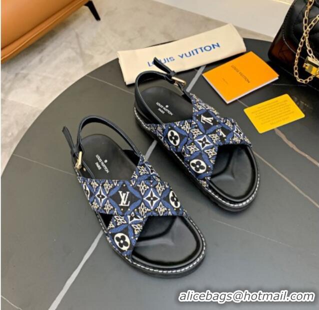 Best Price Louis Vuitton Since 1854 Paseo Flat Comfort Sandal in Blue Studded Monogram Canvas 2021