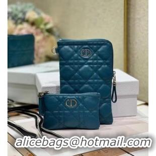 Classic DIOR CARO MULTIFUNCTIONAL POUCH Deep Ocean Blue Supple Cannage Calfskin S5036PWH