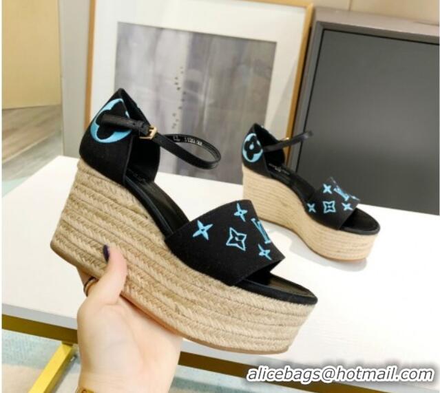 Trendy Design Louis Vuitton Starboard Monogram Canvas Wedge Sandal 033111 Black/Blue 2021