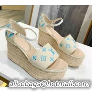 Super Quality Louis Vuitton Starboard Monogram Canvas Wedge Sandal 033111 White/Blue 2021