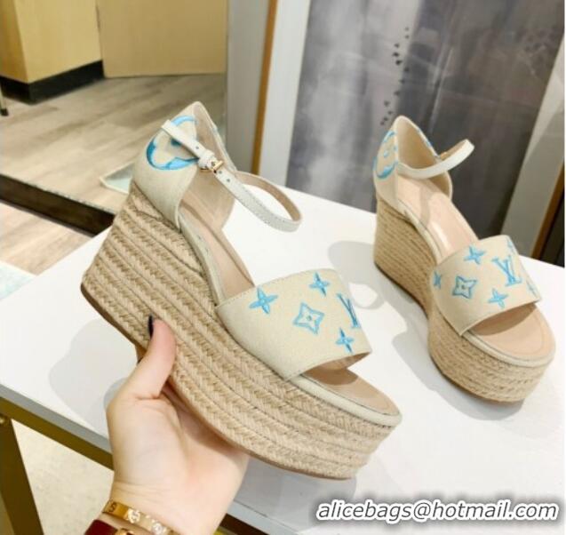 Super Quality Louis Vuitton Starboard Monogram Canvas Wedge Sandal 033111 White/Blue 2021