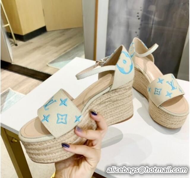 Super Quality Louis Vuitton Starboard Monogram Canvas Wedge Sandal 033111 White/Blue 2021