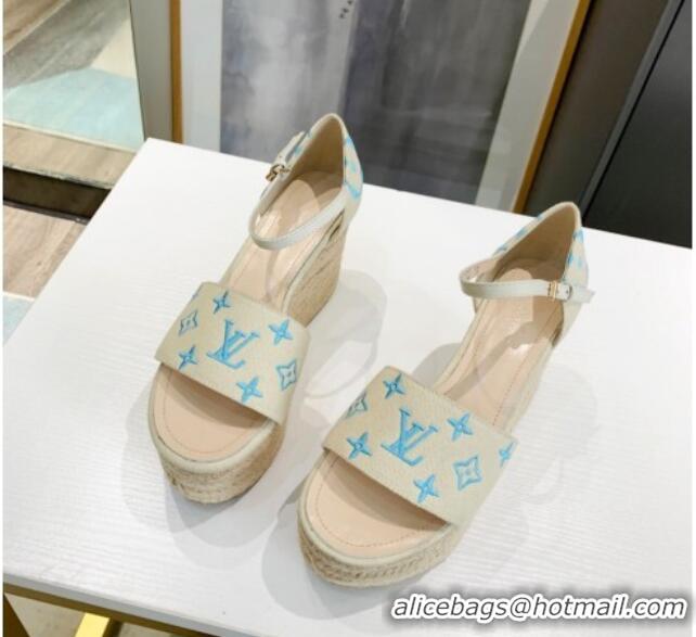 Super Quality Louis Vuitton Starboard Monogram Canvas Wedge Sandal 033111 White/Blue 2021