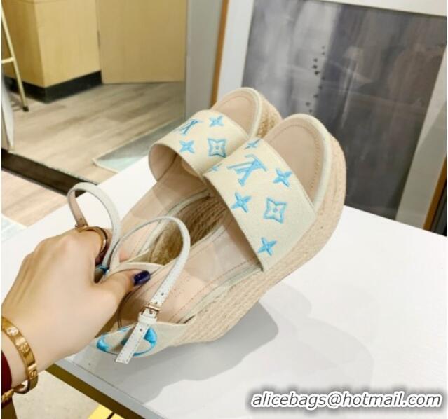 Super Quality Louis Vuitton Starboard Monogram Canvas Wedge Sandal 033111 White/Blue 2021