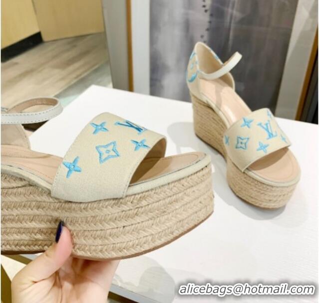 Super Quality Louis Vuitton Starboard Monogram Canvas Wedge Sandal 033111 White/Blue 2021