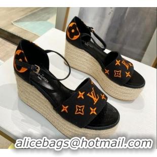 Good Product Louis Vuitton Starboard Monogram Canvas Wedge Sandal 033111 Black/Orange 2021