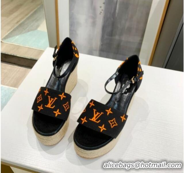 Good Product Louis Vuitton Starboard Monogram Canvas Wedge Sandal 033111 Black/Orange 2021