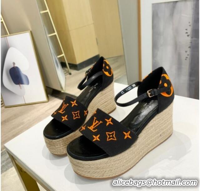 Good Product Louis Vuitton Starboard Monogram Canvas Wedge Sandal 033111 Black/Orange 2021