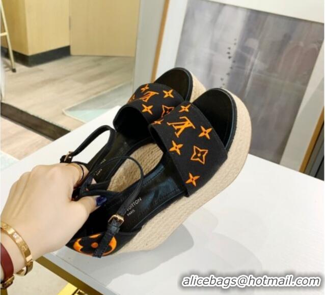 Good Product Louis Vuitton Starboard Monogram Canvas Wedge Sandal 033111 Black/Orange 2021