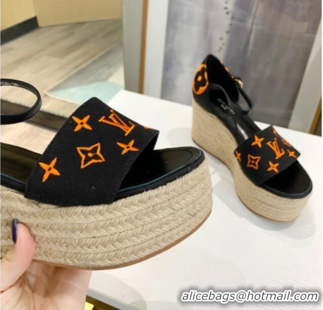 Good Product Louis Vuitton Starboard Monogram Canvas Wedge Sandal 033111 Black/Orange 2021