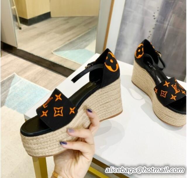 Good Product Louis Vuitton Starboard Monogram Canvas Wedge Sandal 033111 Black/Orange 2021