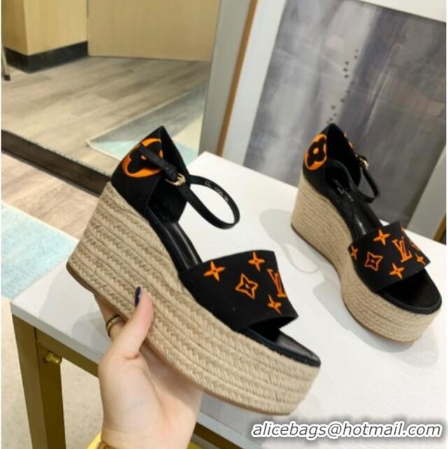 Good Product Louis Vuitton Starboard Monogram Canvas Wedge Sandal 033111 Black/Orange 2021