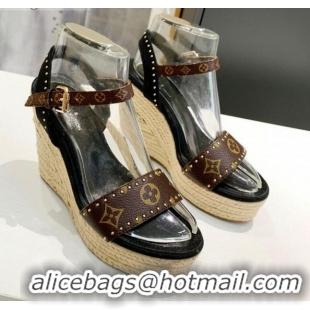 New Design Louis Vuitton Coastline Wedge Sandal in Studded Canvas Black 033111