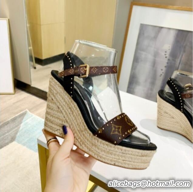 New Design Louis Vuitton Coastline Wedge Sandal in Studded Canvas Black 033111