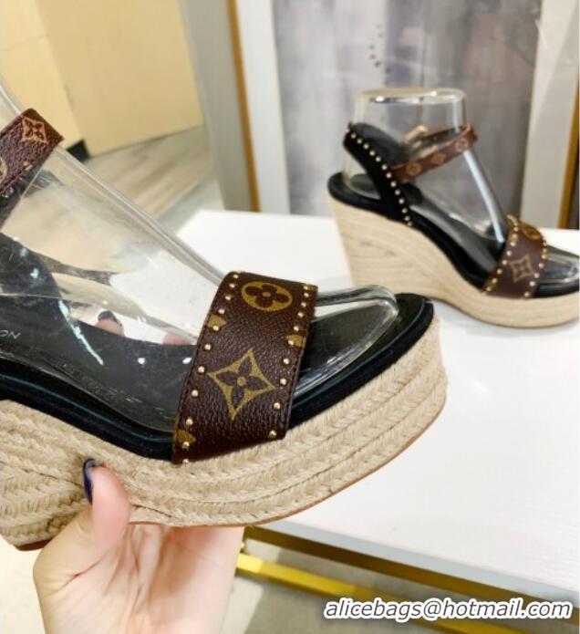 New Design Louis Vuitton Coastline Wedge Sandal in Studded Canvas Black 033111