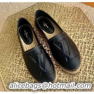 Top Grade Louis Vuitton LV Grained Leather Espadrilles 040101 Black 2021