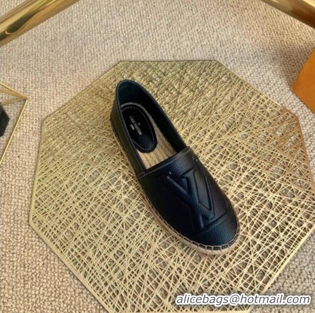 Top Grade Louis Vuitton LV Grained Leather Espadrilles 040101 Black 2021