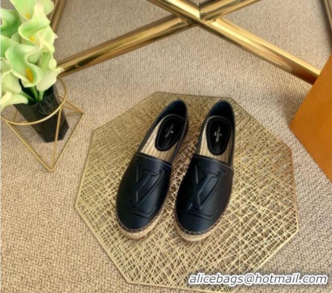 Top Grade Louis Vuitton LV Grained Leather Espadrilles 040101 Black 2021