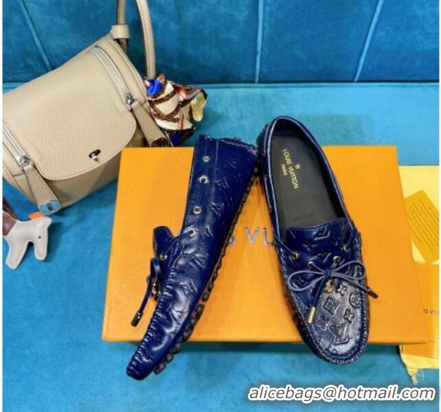 Top Design Louis Vuitton Gloria Monogram Leather Flat Loafer 040838 Dark Blue 2021