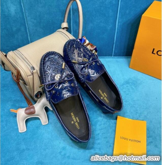 Top Design Louis Vuitton Gloria Monogram Leather Flat Loafer 040838 Dark Blue 2021