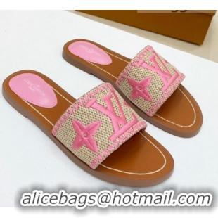 Good Quality Louis Vuitton Lock It Raffia Flat Slide Sandals 042801 Pink 2021