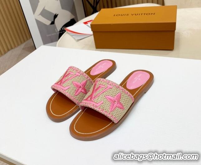 Good Quality Louis Vuitton Lock It Raffia Flat Slide Sandals 042801 Pink 2021