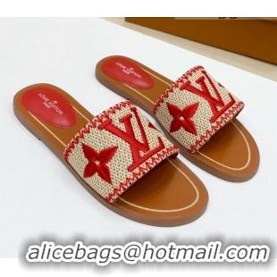 Good Quality Louis Vuitton Lock It Raffia Flat Slide Sandals 042801 Red 2021