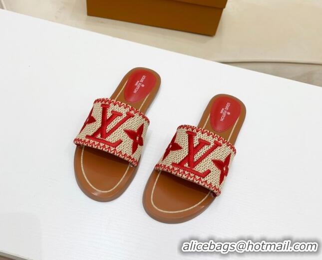 Good Quality Louis Vuitton Lock It Raffia Flat Slide Sandals 042801 Red 2021