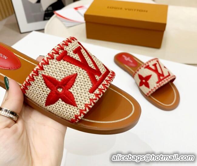 Good Quality Louis Vuitton Lock It Raffia Flat Slide Sandals 042801 Red 2021