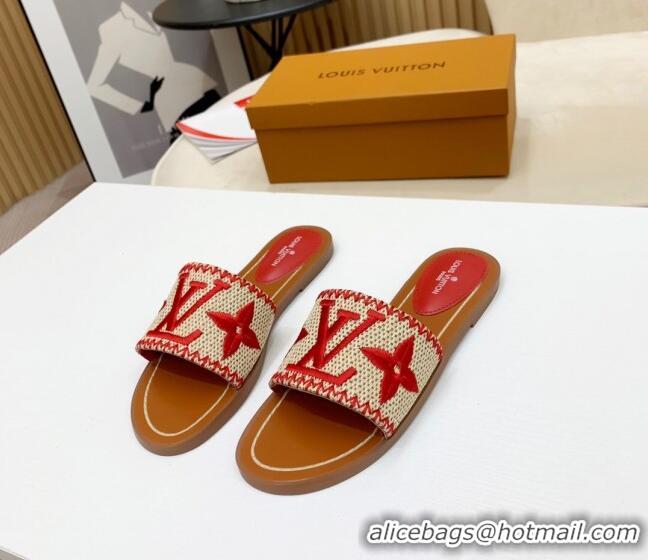 Good Quality Louis Vuitton Lock It Raffia Flat Slide Sandals 042801 Red 2021