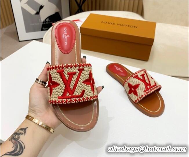 Good Quality Louis Vuitton Lock It Raffia Flat Slide Sandals 042801 Red 2021