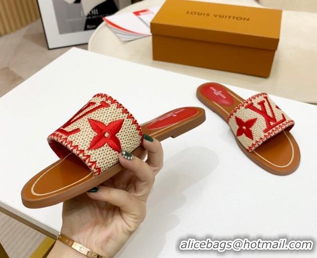 Good Quality Louis Vuitton Lock It Raffia Flat Slide Sandals 042801 Red 2021