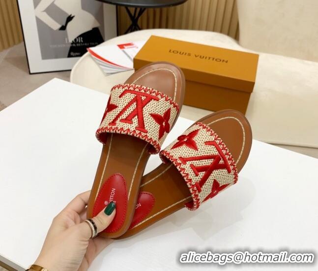 Good Quality Louis Vuitton Lock It Raffia Flat Slide Sandals 042801 Red 2021