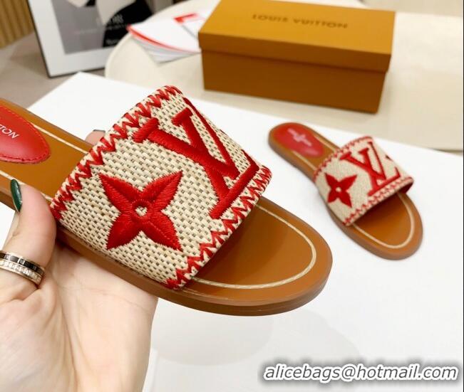 Good Quality Louis Vuitton Lock It Raffia Flat Slide Sandals 042801 Red 2021