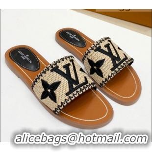 Shop Duplicate Louis Vuitton Lock It Raffia Flat Slide Sandals 042801 Black 2021