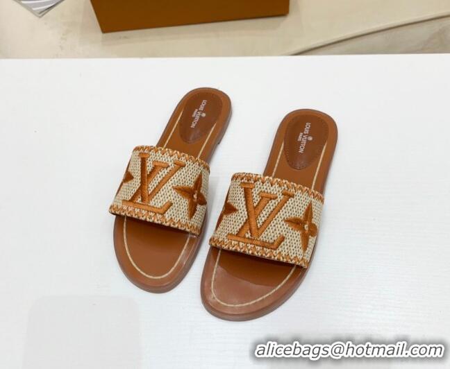 Pretty Style Louis Vuitton Lock It Raffia Flat Slide Sandals 042801 Brown 2021