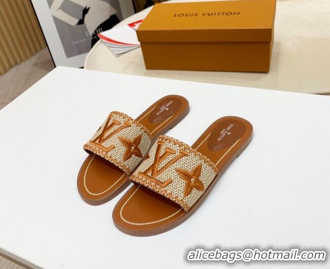 Pretty Style Louis Vuitton Lock It Raffia Flat Slide Sandals 042801 Brown 2021