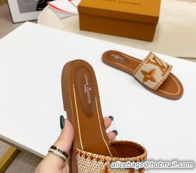 Pretty Style Louis Vuitton Lock It Raffia Flat Slide Sandals 042801 Brown 2021