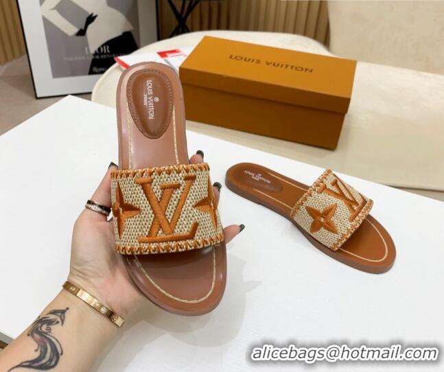 Pretty Style Louis Vuitton Lock It Raffia Flat Slide Sandals 042801 Brown 2021