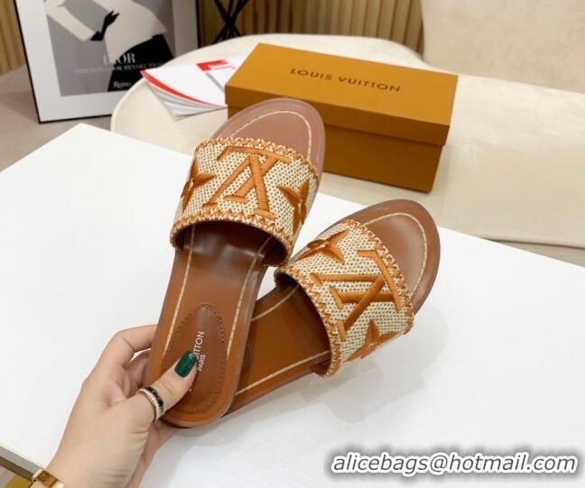 Pretty Style Louis Vuitton Lock It Raffia Flat Slide Sandals 042801 Brown 2021