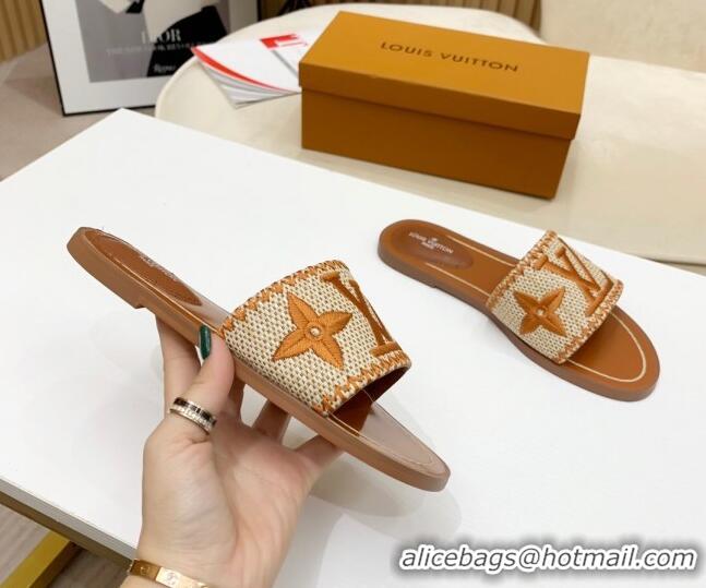 Pretty Style Louis Vuitton Lock It Raffia Flat Slide Sandals 042801 Brown 2021