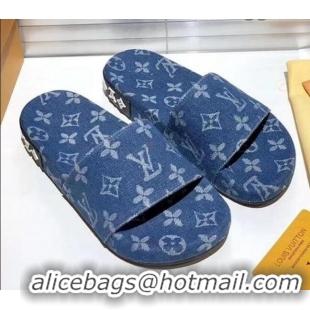 Good Product Louis Vuitton Jumbo Denim Flatform Slide Sandals 042888 Blue 2021