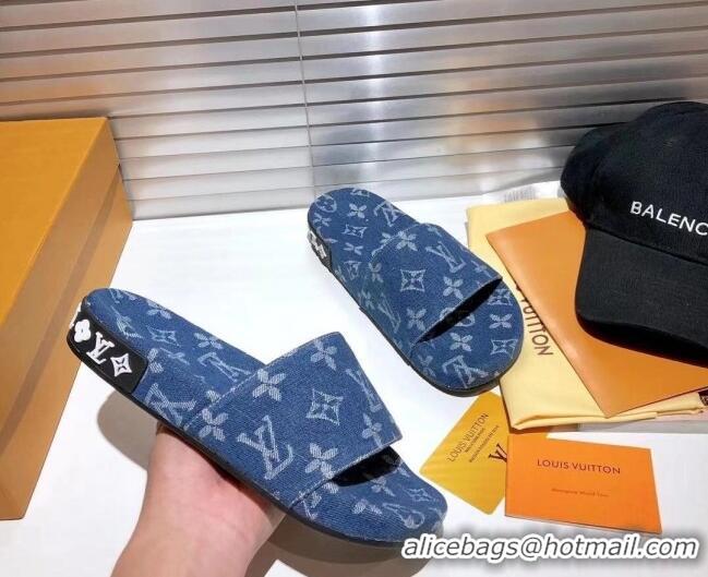 Good Product Louis Vuitton Jumbo Denim Flatform Slide Sandals 042888 Blue 2021