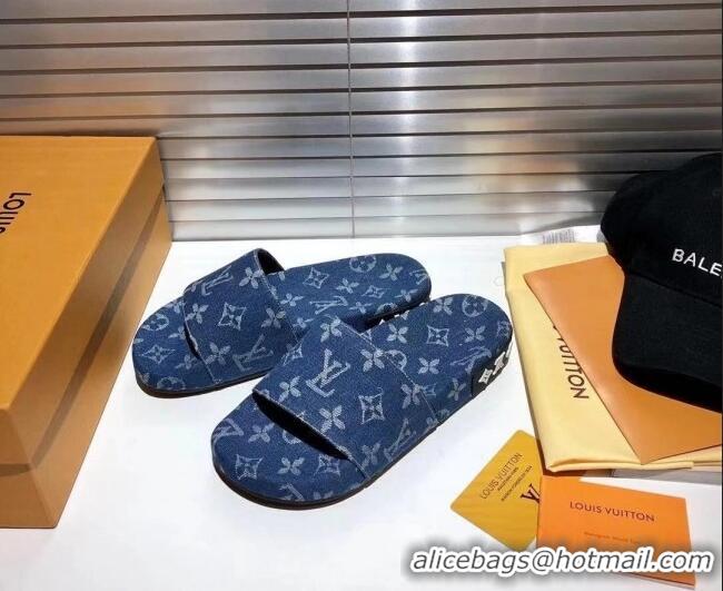 Good Product Louis Vuitton Jumbo Denim Flatform Slide Sandals 042888 Blue 2021