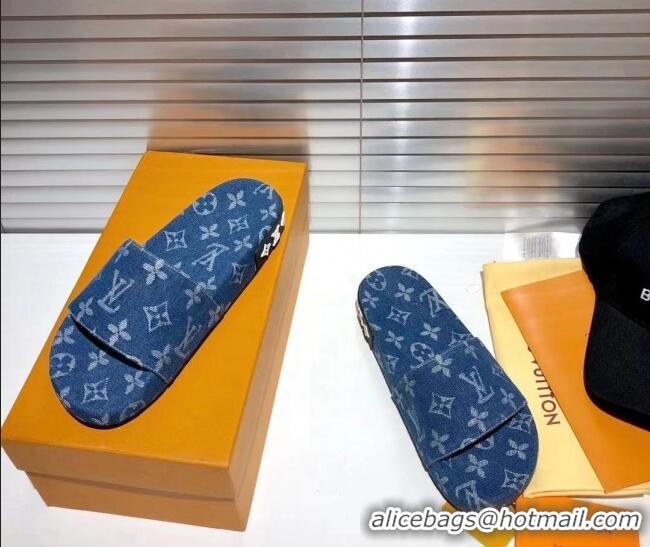 Good Product Louis Vuitton Jumbo Denim Flatform Slide Sandals 042888 Blue 2021