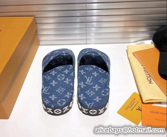 Good Product Louis Vuitton Jumbo Denim Flatform Slide Sandals 042888 Blue 2021